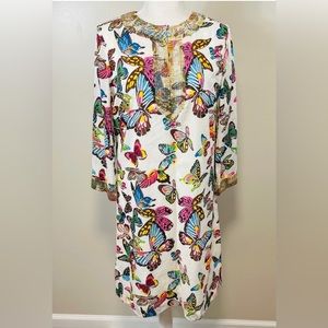 TORY BURCH Multicolored Butterfly Beaded Long Sleeve Tunic Dress - Women’s 10